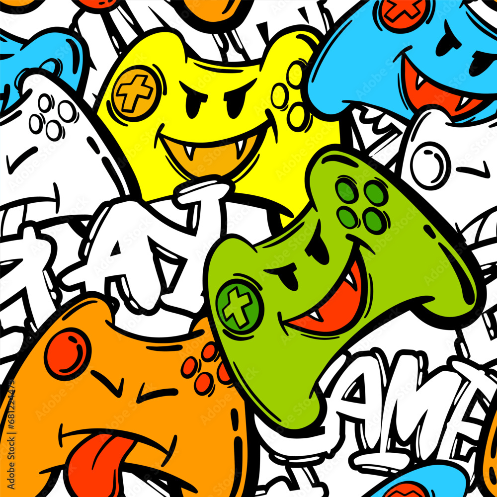 Poster seamless abstract pattern with colourful joystick game and graffiti words. wallpaper for boys.