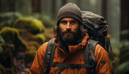 Obraz premium One man hiking in the forest with a backpack generated by AI