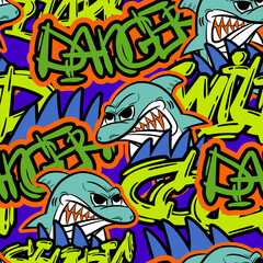 Grunge seamless pattern with cool shark and graffiti words. Print for boys