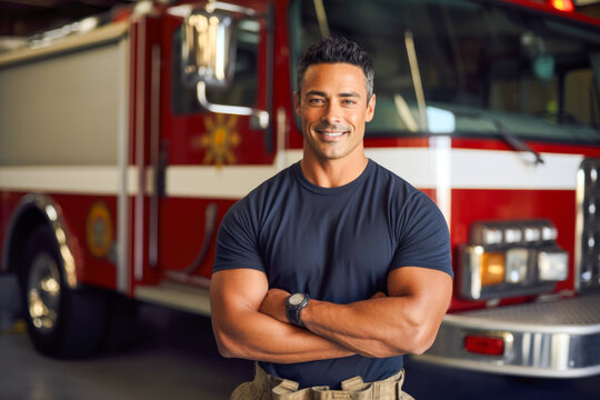 Portrait of a confident Hispanic male firefighter standing in front of the fire truck in his uniform ready to take action