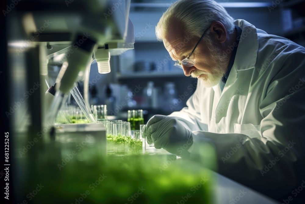Poster a man in a lab coat working on a plant. generative ai.