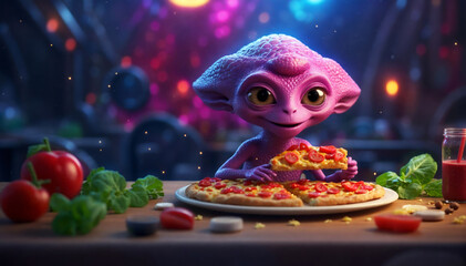 A cute little alien eating pizza - obrazy, fototapety, plakaty