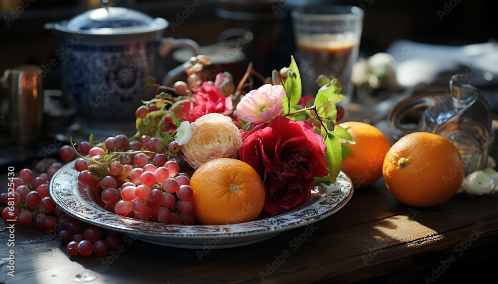 Wall mural fresh fruit on wooden table, nature healthy eating decoration generated by ai