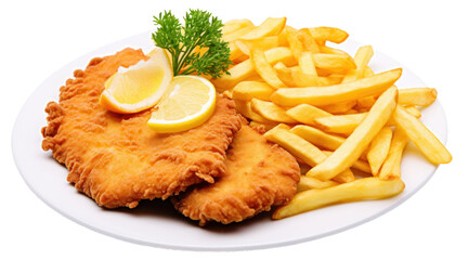 A schnitzel with fries with lemon and parsley on top, plate, isolated