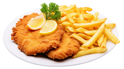 A schnitzel with fries with lemon and parsley on top, plate, isolated