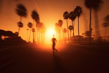 Fototapeta na wymiar A person riding a skateboard down a street at sunset. Generative AI.
