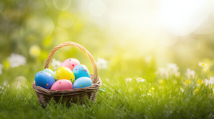 Fototapeta premium easter background - basket filled with easter eggs beside green and golden bokeh