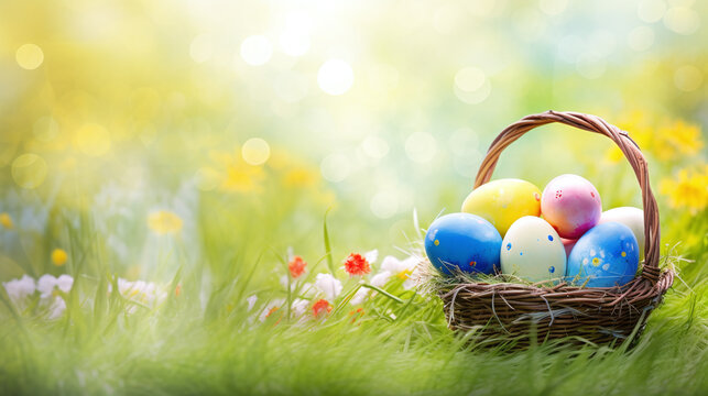 easter background - basket filled with easter eggs beside green and golden bokeh