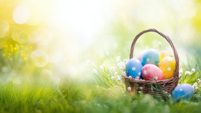 easter background - basket filled with easter eggs beside green and golden bokeh