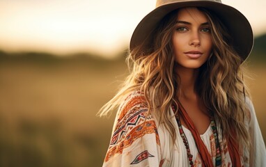 Portrait of a beautiful young boho woman in a field