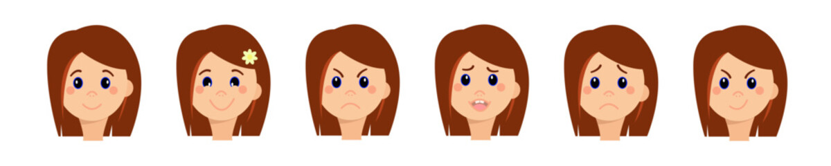 Collection of various children's emotions. Girl's face different facial expressions. Vector illustration.