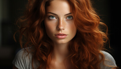 Beautiful woman with long brown hair looking at camera generated by AI