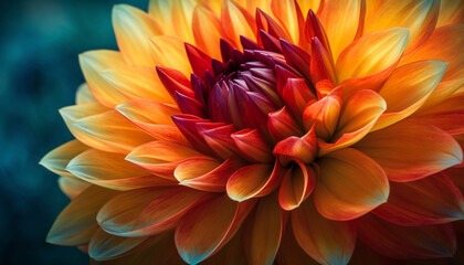 Close up of a vibrant, multi colored dahlia flower head in nature generated by AI