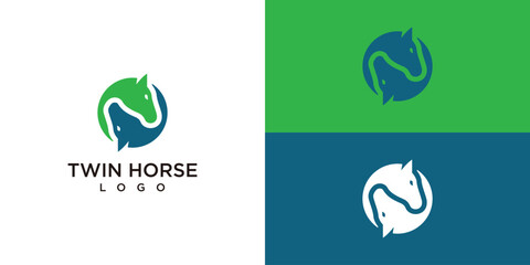 Twin Horse Logo Design. Horse Farm Logo Design Icon Symbol Vector Illustration.