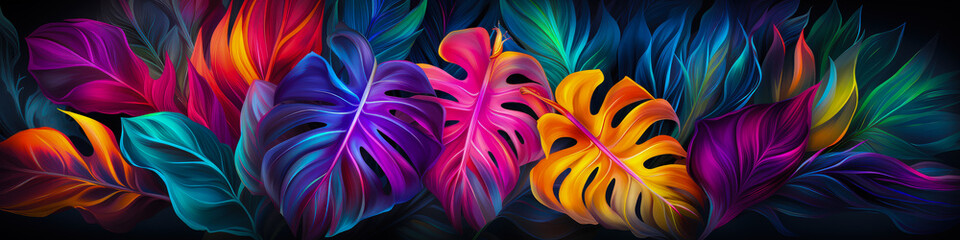 Colorful tropical leaves in neon color on a dark background.