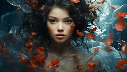 Fototapeta premium A beautiful young woman with curly brown hair underwater, smiling generated by AI