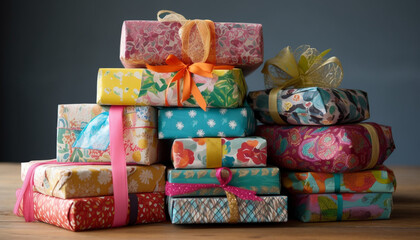 Fototapeta na wymiar A large heap of wrapped gifts in various colorful packages generated by AI