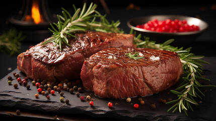 Grilled beef steak with rosemary and spices on a black background. - obrazy, fototapety, plakaty