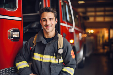 Portrait of a confident caucasian male firefighter standing in front of the fire truck in his uniform ready to take action - Powered by Adobe