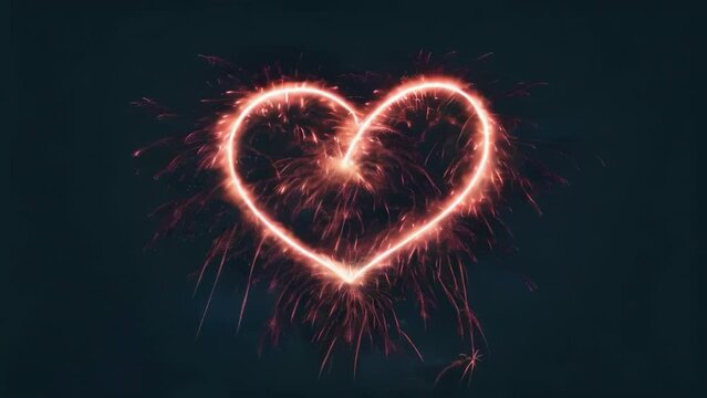 Cold fires forming a heart against the black night sky. A short video of colorful New Year's fireworks.