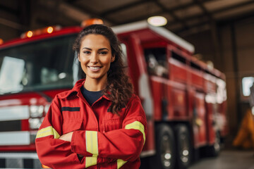 Portrait of a confident Hispanic female firefighter standing in front of the fire truck in her...