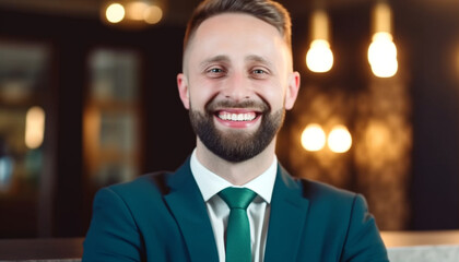 Obraz premium Confident businessman with a toothy smile, success in corporate business generated by AI