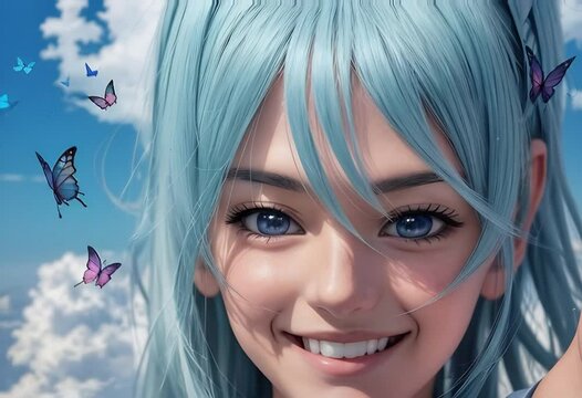 anime girl close up, smiling, laughing, blue sky, clouds, butterflies around