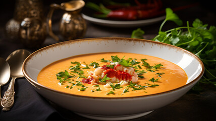 Rich and Creamy Lobster Bisque in a Elegant Soup Bowl
