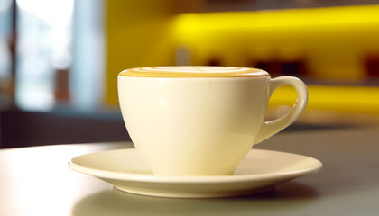 Fototapeta premium Freshly brewed coffee in a frothy cappuccino cup on wood table generated by AI