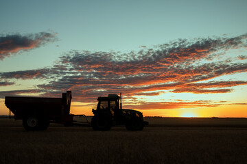Fototapeta premium Tractor and grain cart parked in a backlit field as the sun sets. Sky with clouds in orange tones. Copy space
