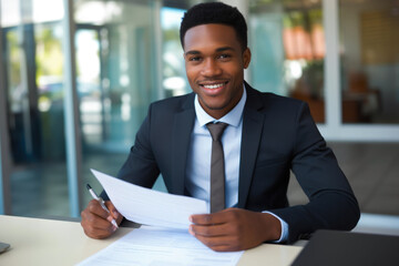 Naklejka na ściany i meble African American male filling out a job or loan application, job openings, career resources, or financial services