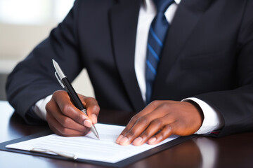 Closeup of an African American male filling out a job or loan application, job openings, career resources, or financial services