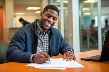 African American male filling out a job or loan application, job openings, career resources, or financial services - obrazy, fototapety, plakaty