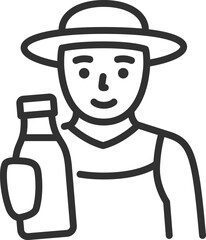 Milk bottle with milk, linear icon. A man with a hat is holding a bottle of milk. Line with editable stroke