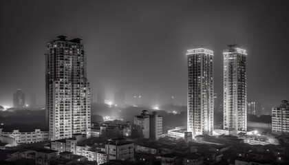 Modern skyscrapers illuminate the crowded city skyline at dusk generated by AI