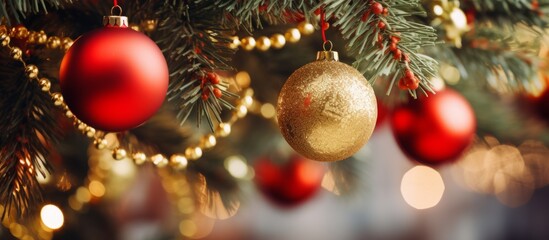 Fototapeta na wymiar Red and Gold Ornaments on a Christmas Tree