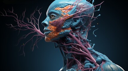 Human nanoprofile with a network of neurons and blood vessels, Concept: the complexity of the nervous system and the possibilities of nanotechnology in medicine and neurobiology. Banner , copy space