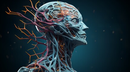 Human nanoprofile with a network of neurons and blood vessels, Concept: the complexity of the nervous system and the possibilities of nanotechnology in medicine and neurobiology. Banner , copy space