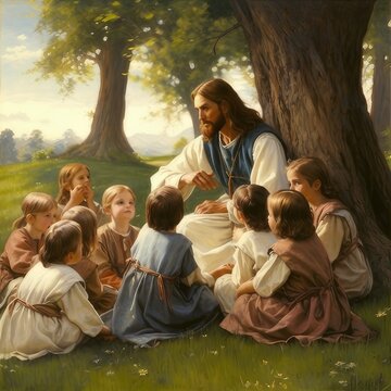 Divine Lessons: Jesus' Teachings Under the Sacred Tree with Children, generative AI