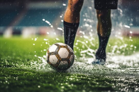 Soccer kicking a ball, splashing water on a wet field.