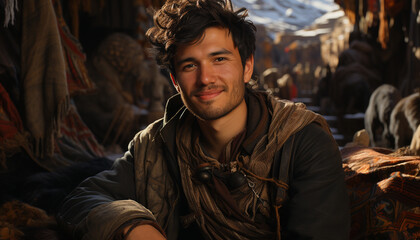 Fototapeta premium A young man smiling, looking at camera, enjoying winter adventure generated by AI