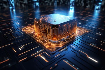 Close-up of a blue microchip with gold connectors on a black circuit board.