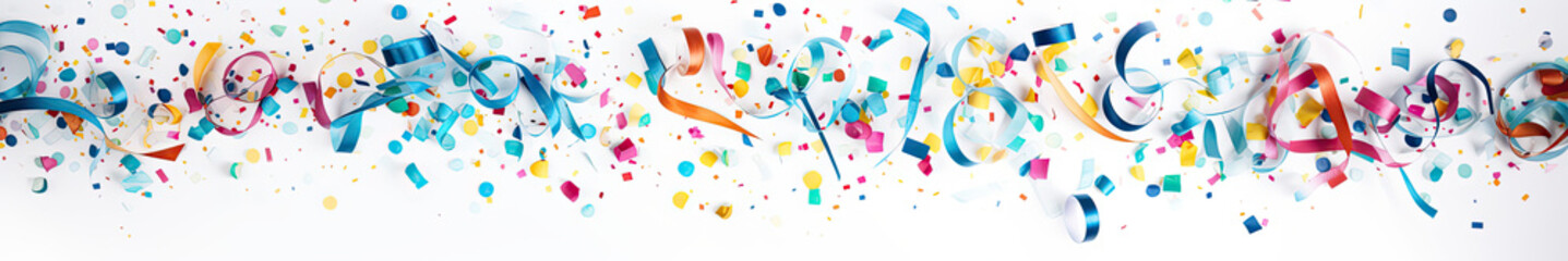 Coloured confetti and streamers as a white New Year's background. - obrazy, fototapety, plakaty