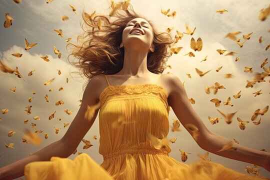 A woman in a yellow dress, arms outstretched, surrounded by butterflies under a cloudy sky.