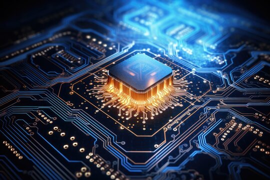 Close-up of a blue microchip with gold connectors on a black circuit board.