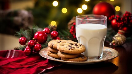Close-up of a holiday scene with freshly baked Christmas cookies and a glass of milk