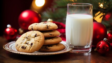 Close-up of a holiday scene with freshly baked Christmas cookies and a glass of milk