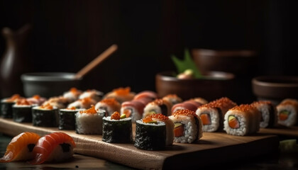Fresh seafood on a plate, a gourmet meal of maki sushi generated by AI