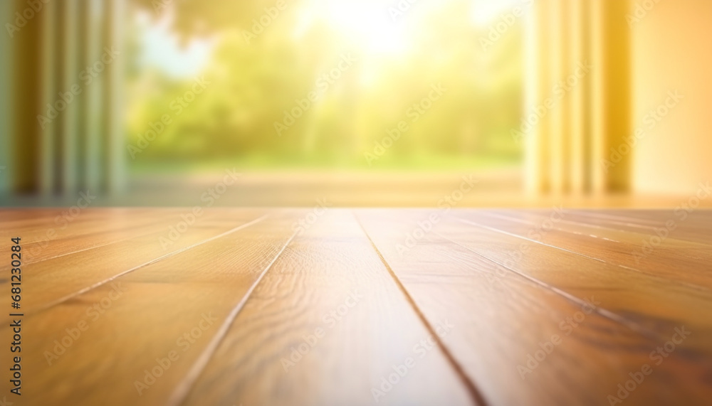 Poster sunlight streams through window onto hardwood table in empty room generated by ai