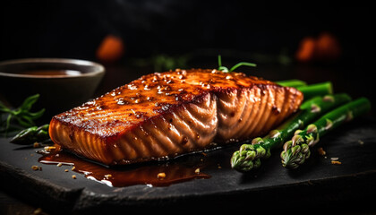 Grilled meat fillet with asparagus, barbecue sauce, and fresh salad generated by AI